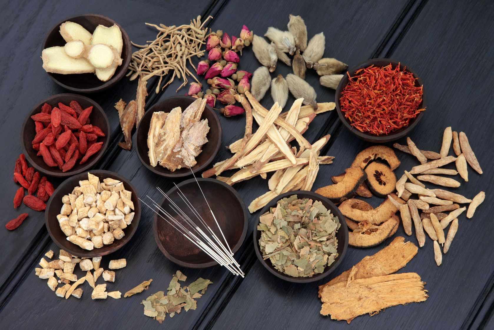 Assortment of raw Chinese medicine herbs and a tray of filiform acupuncture needles.